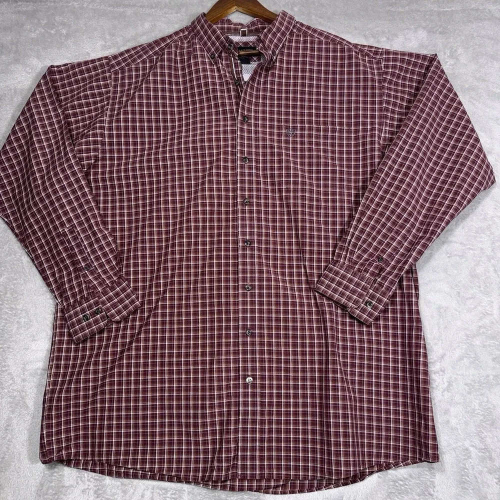 Ariat Pro SeriesShirt Men 2XL Maroon White Plaid Long Sleeve Button Down Western